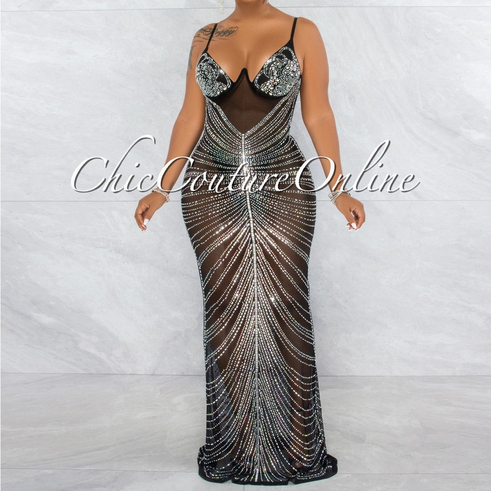 Narmada black sheer mesh rhinestone maxi dress